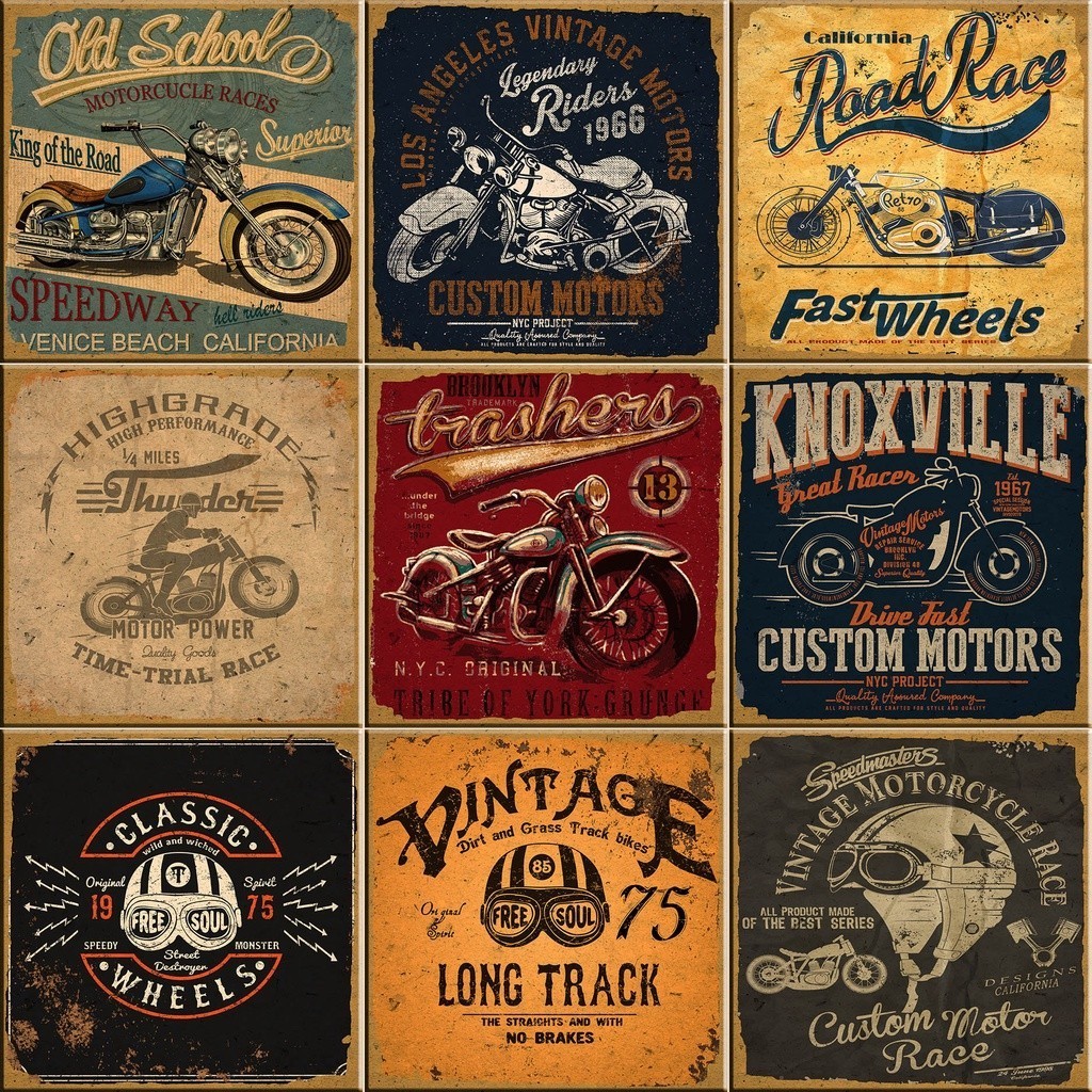 Azulejos Decorativos Motorcycle Moto Motocicleta Vintage Custom Kit 9 Peças 15x15cm.