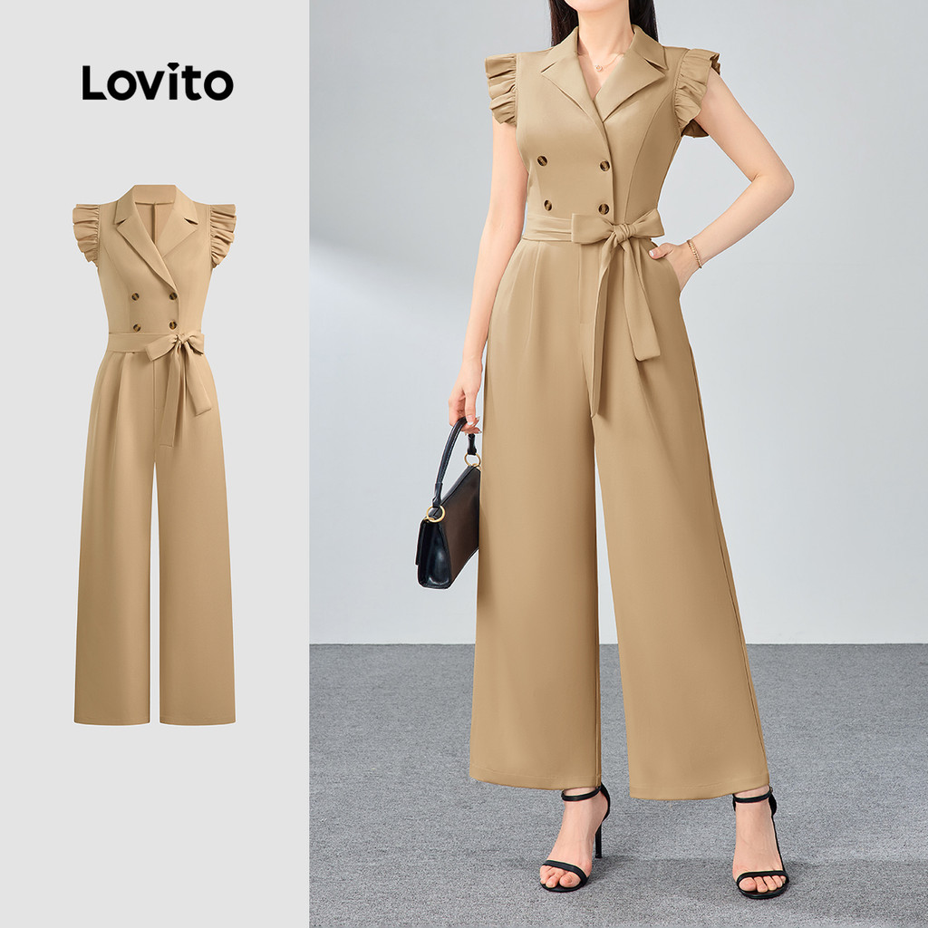 (Lovito Refine) Macacão Elegante De Botão Liso Frontal Primavera/Verão Cáqui Claro Para Mulheres LR11ED038 - Women Clothes