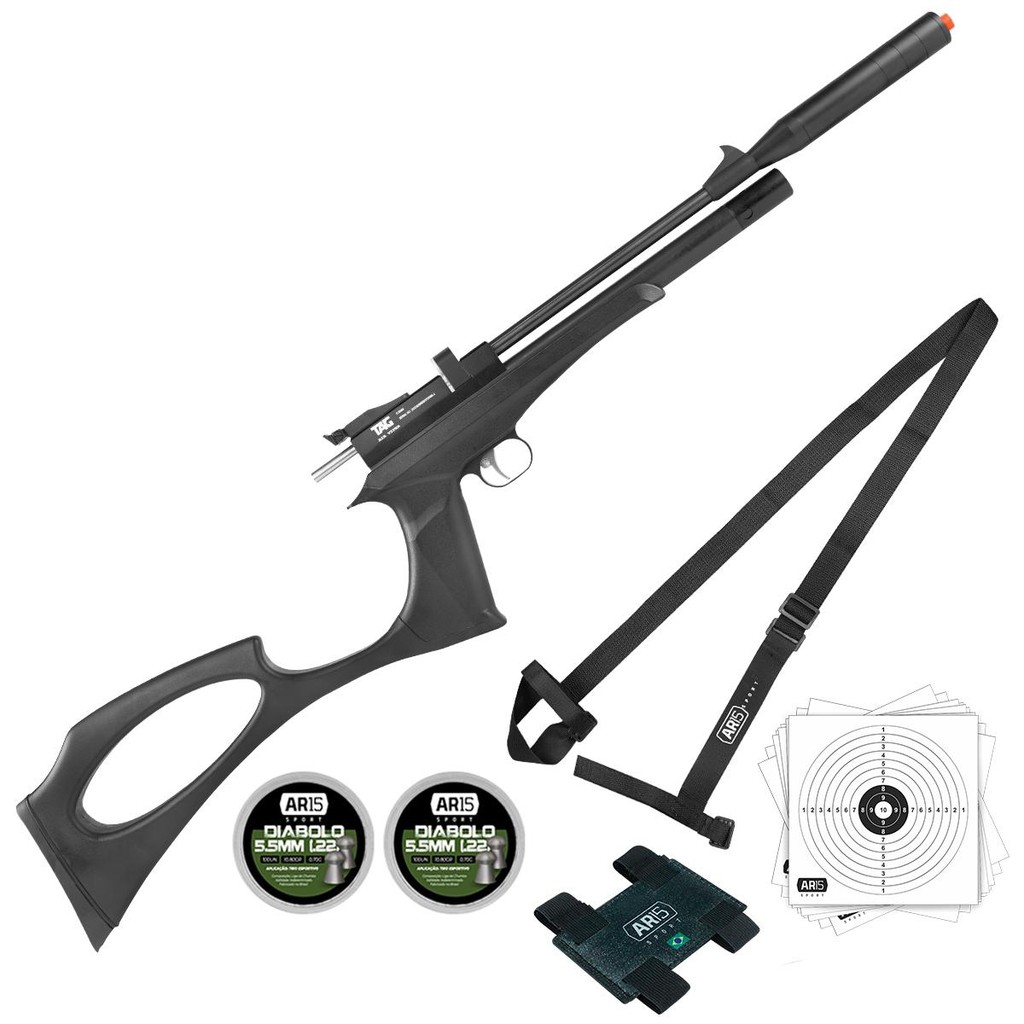 Kit Carabina/Pistola 5.5 PCP 200BAR TAG Chumbinho Bandoleira