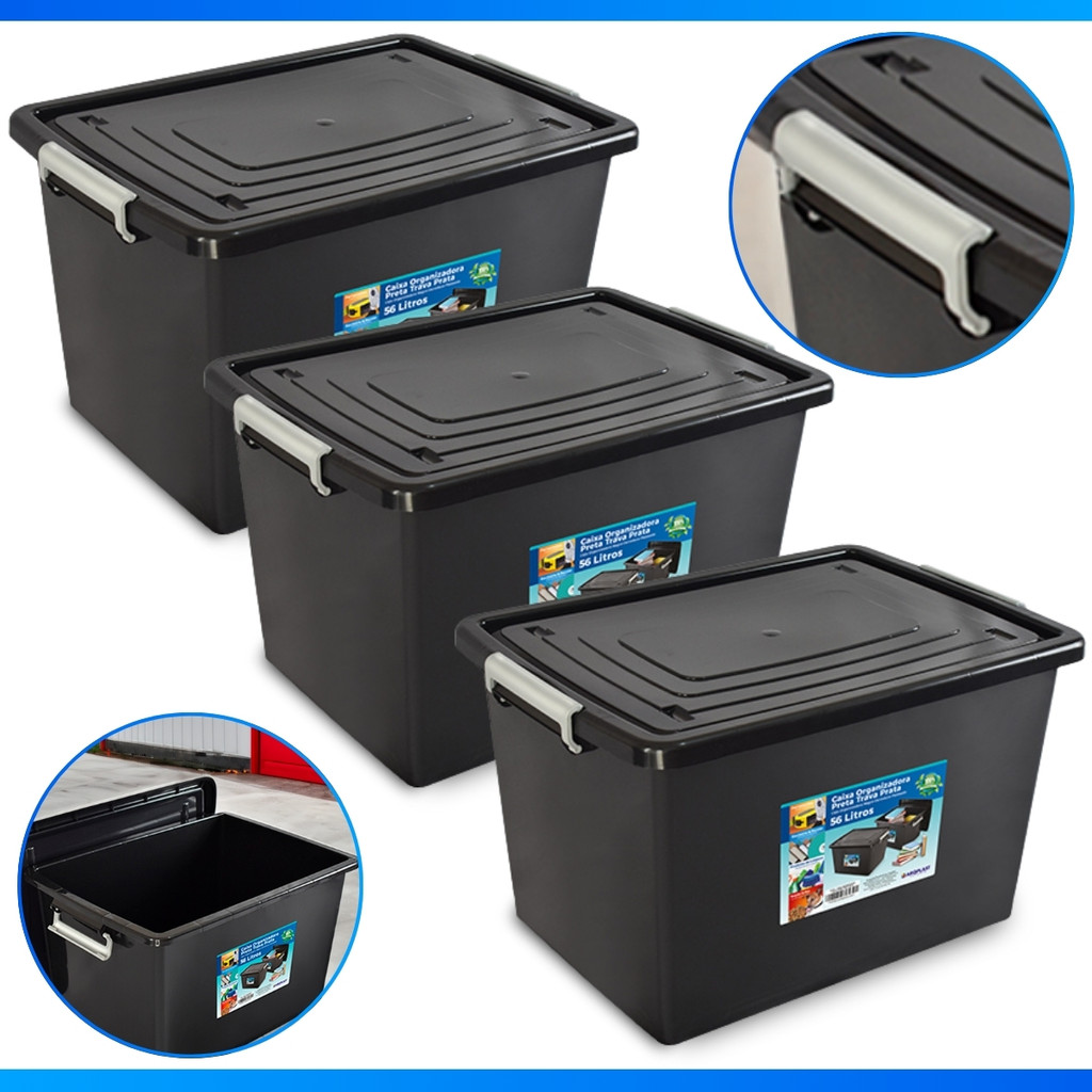 3 Caixas Organizadora Container Preta Com Tampa e Trava 56 Litros Cesto Organizador - MEGA OFERTA!