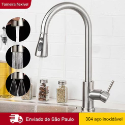 Torneira Gourmet Pia Cozinha Extensível de Bancada Flexível Monocomando Quente/Frio Aço Inox 304 Escovado