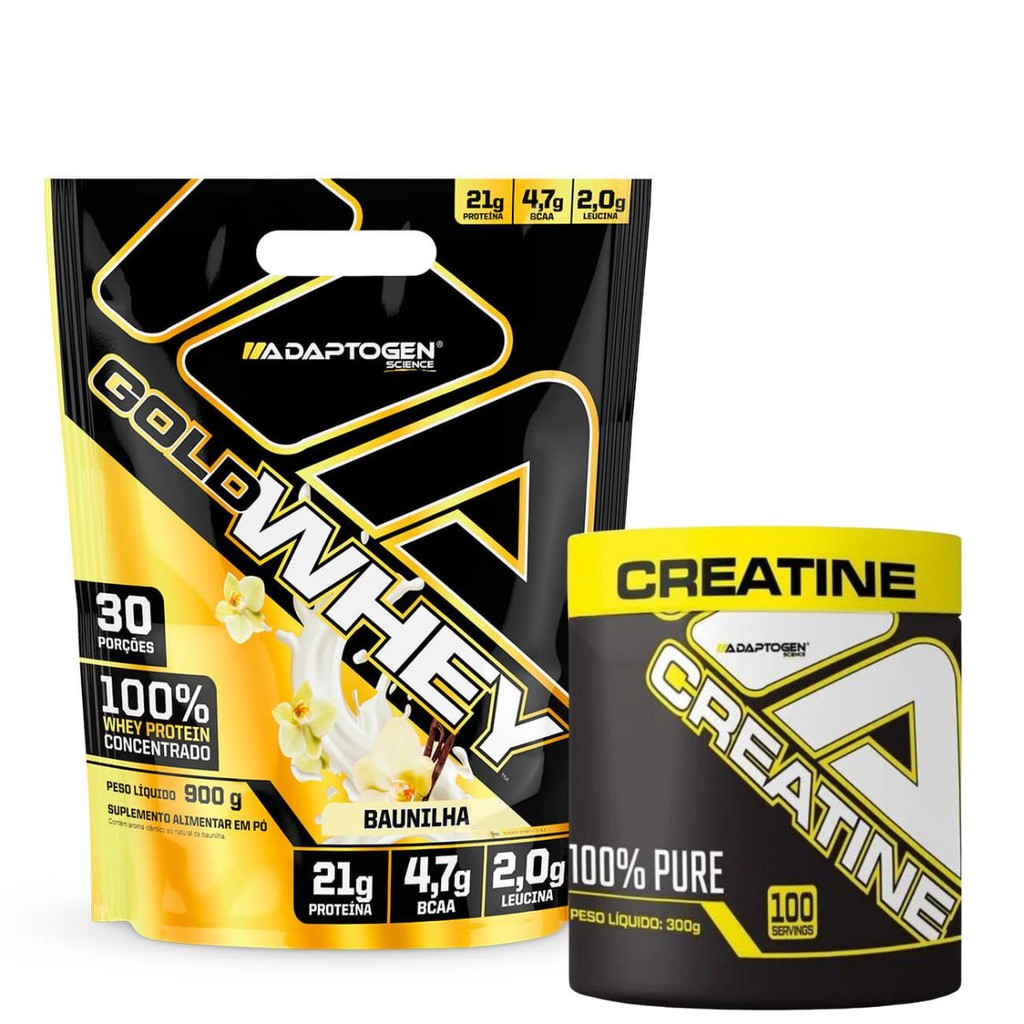 Kit Gold Whey Adaptogen Concentrado 100% Refil 900g + Creatina Adaptogen 300g