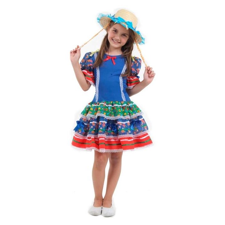 Vestido Infantil de Festa Junina com Chapéu Azul Rodado Com Saia 3 Babados