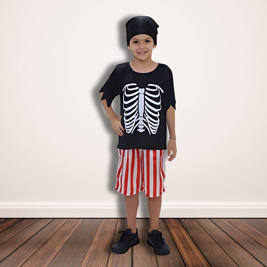 Fantasia Infantil Esqueleto Pirata - Conjunto com Camiseta, Shorts e Bandana - M de 6 a 8 anos - 1 unidade - Rizzo
