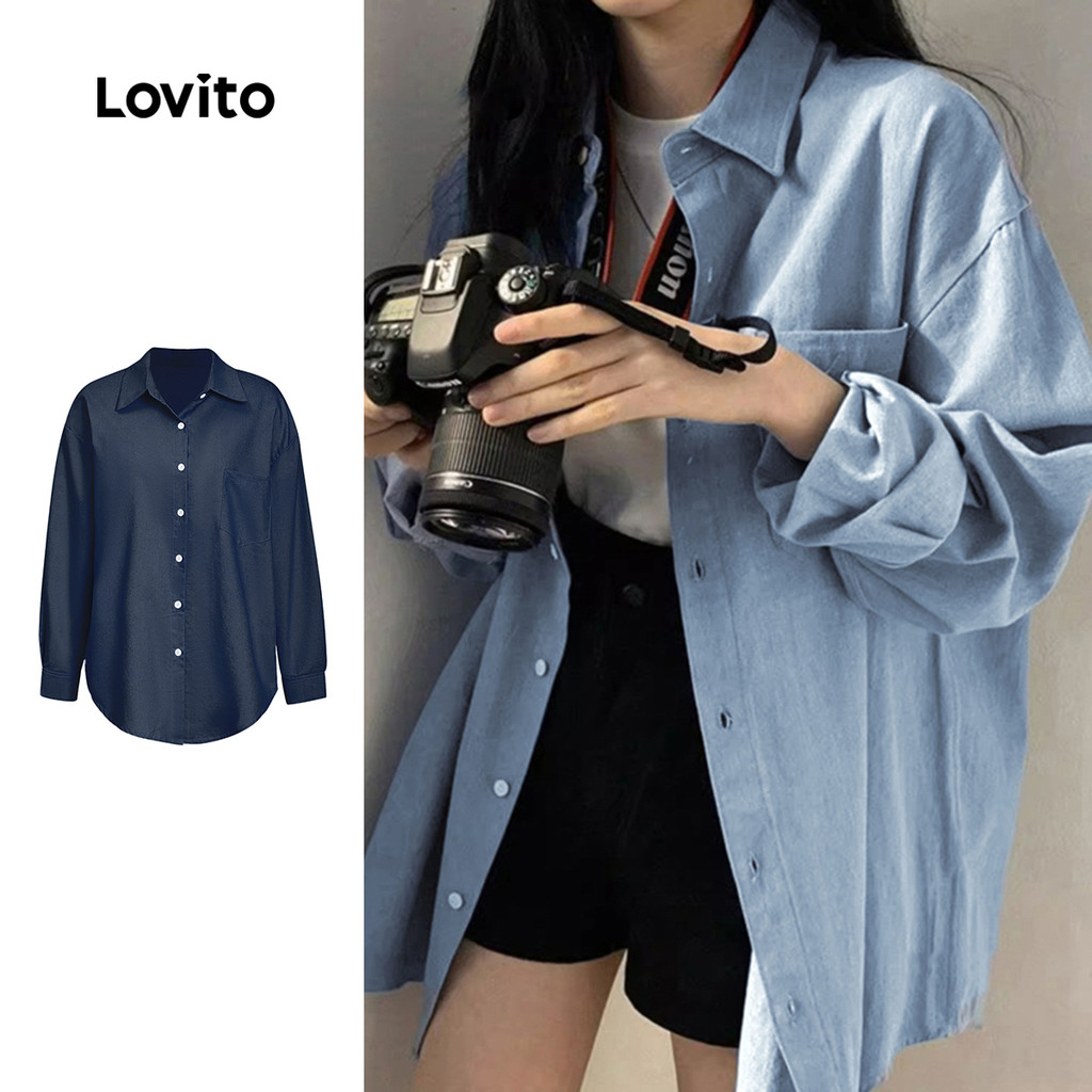 Lovito Top Jeans Casual Com Botão Liso Frontal Lavado Jeans Para Mulheres LNE24112 (Multicolorido) - Women Clothes