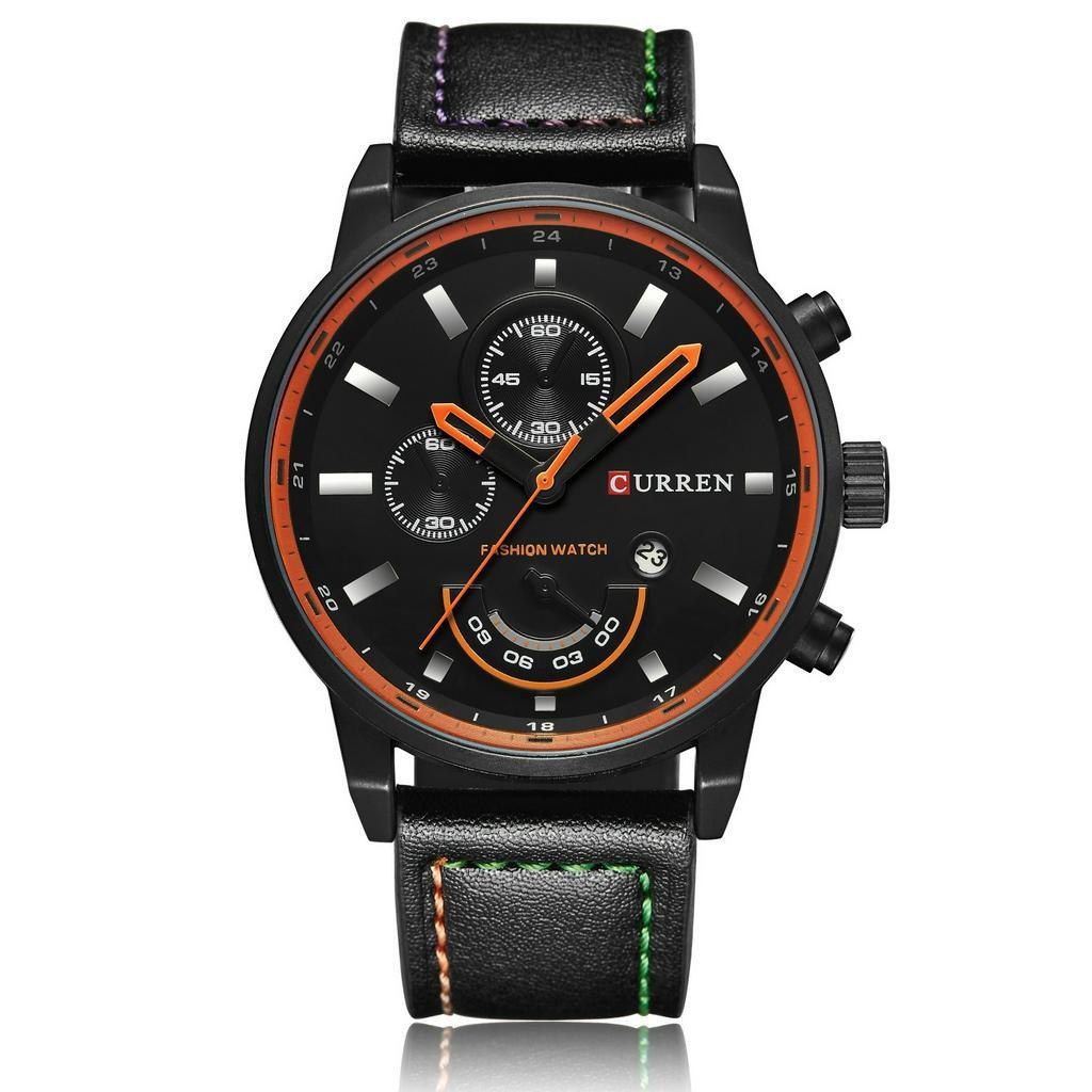 Relógio Masculino Curren Pulseira De Couro Aço Inox - Preto