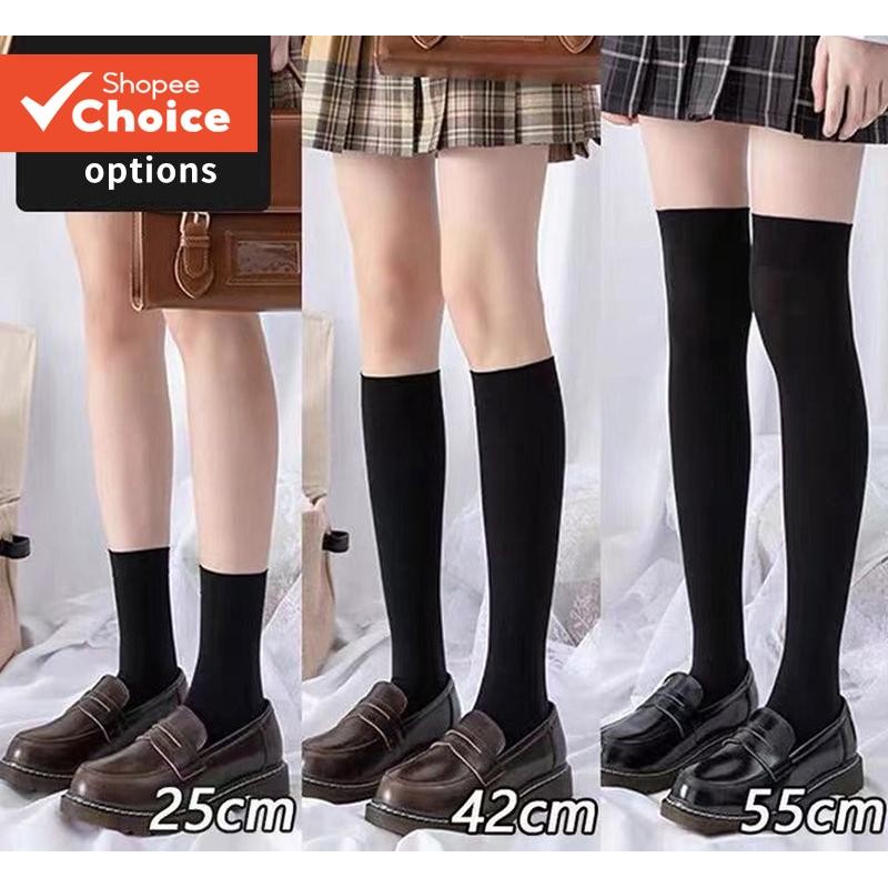 Meias Femininas De Veludo Estilo JK Na Altura Da Coxa – Até O Joelho Transparentes Emagrecedoras , Preto/Branco Sólido ,