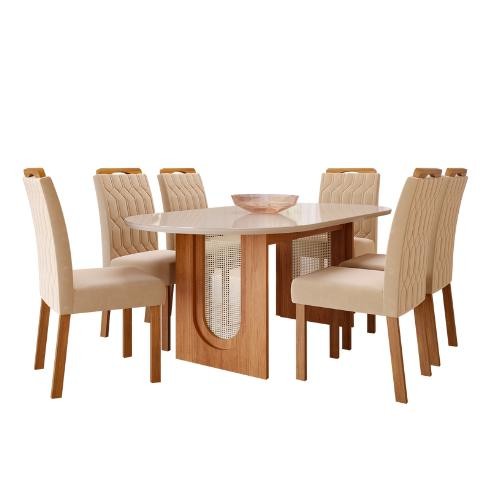 Sala de Jantar Com Mesa Oval 2,10m Valentina Com 6 Cadeiras Paola Cinamomo/Off White/Madeira/Nude Cimol Móveis