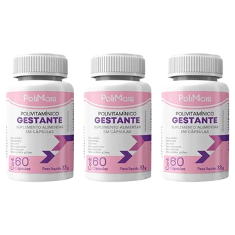 Kit 3 Polivitamínico Gestante PoliMais 180 Cápsulas – Rico em Ácido Fólico