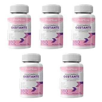 Kit 5 Polivitamínico Gestante PoliMais 300 Cápsulas – Rico em Ácido Fólico