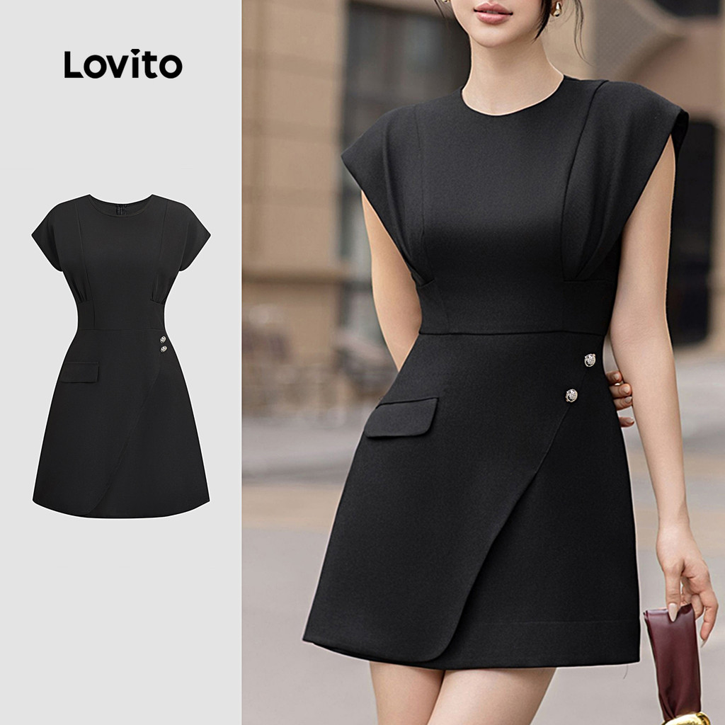 Lovito Elegante Linha De Estrutura De Envoltório Liso Verão Primavera Vestido Preto Para Mulheres L134ED202 - Women Clothes