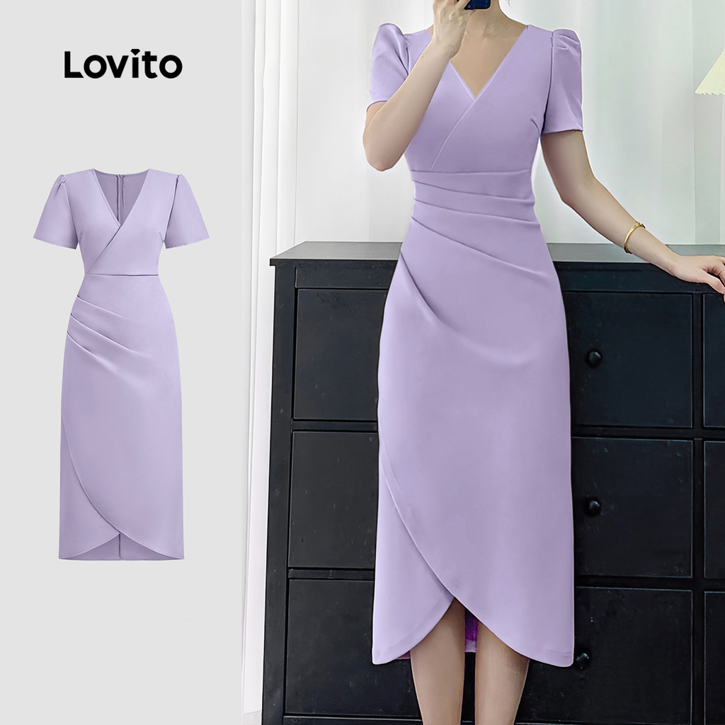 Lovito Elegante Liso Plissado Com Estrutura De Deslocamento Linha Primavera/Verão Vestido Roxo Para Mulheres L135A2D007 - Women Clothes