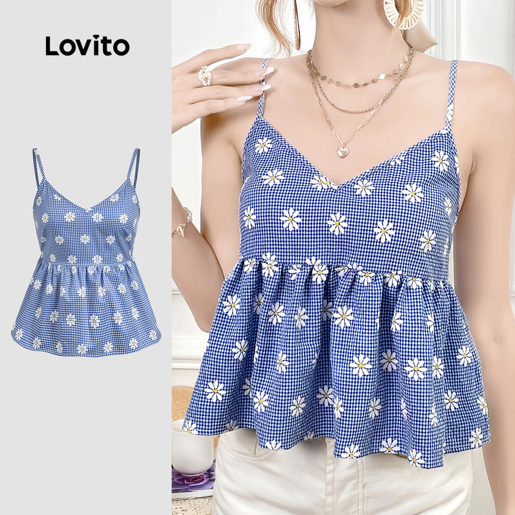Lovito Regata feminina Casual xadrez com babados e bainha L132ED237 - Women Clothes