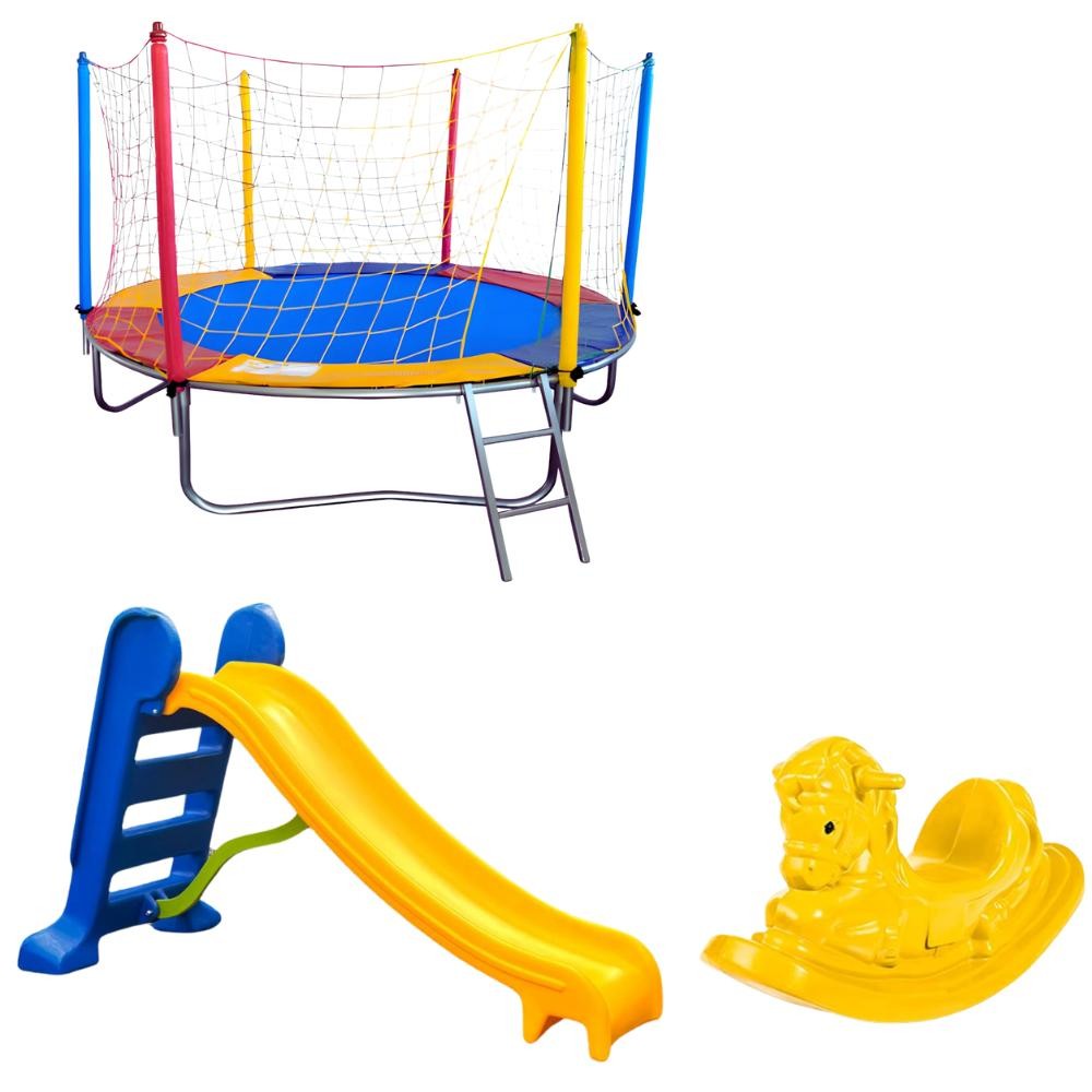 Cama Elástica Nacional Premium 2,30m + Escorregador Médio 3 Degraus + Gangorra  Lugar - Brinquedos Educacionais em Oferta na Shopee
