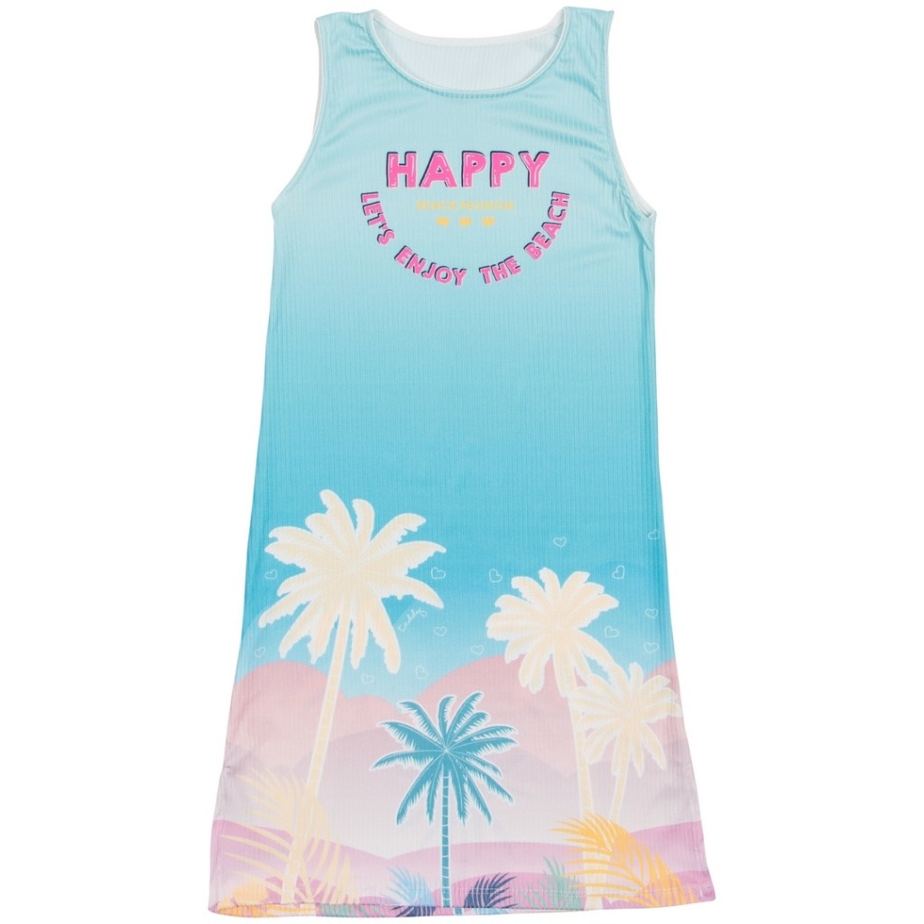Vestido infantil regata canelado azul turquesa estampado happy coqueiros
