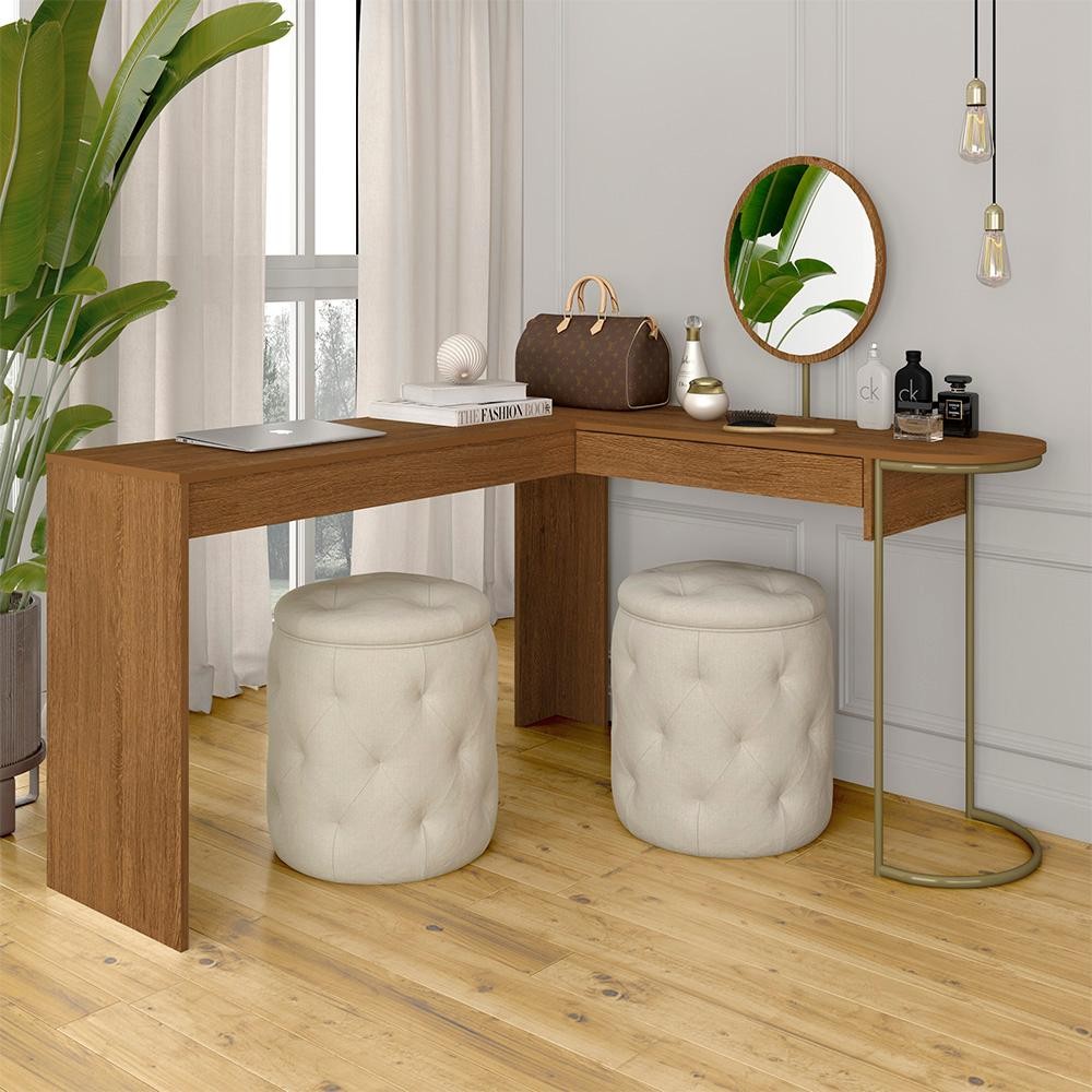 Escrivaninha Penteadeira Em L Com Espelho Mavi Dourado/freijó - M.a em Oferta na Shopee