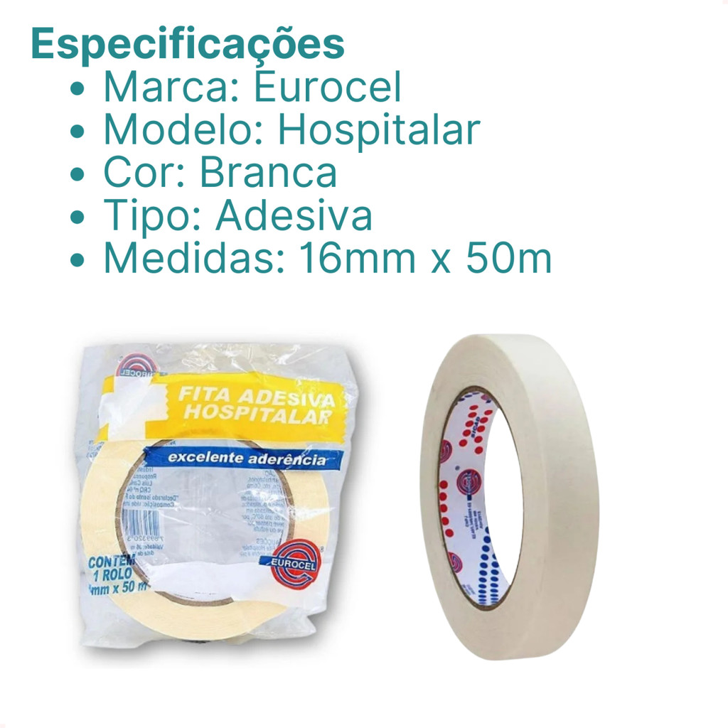 Detalhes do Kit com 6 - Fita Adesiva Crepe Hospitalar 16mm X50mm Eurocel - Envio Imediato
