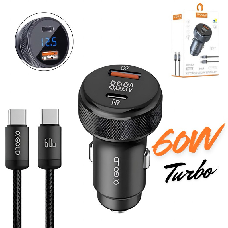 Carregador Veicular 60W Turbo USB + Tipo C com Cabo | Rápido PD QC 3.0 4.0 | Anatel Original