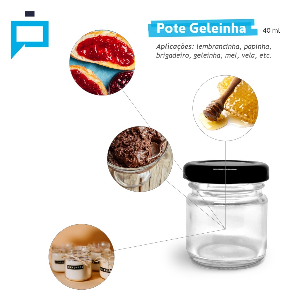 100 Potinho De Vidro Geleinha 40 ml Lembrancinhas Tampa Preta — imagem 2 de 2