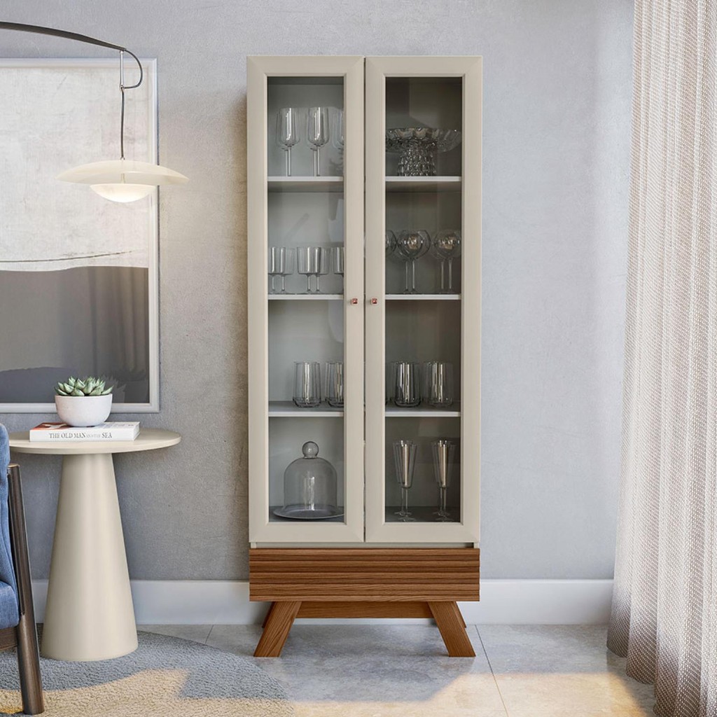 Cristaleira 2 Portas e 1 Gaveta Retrô Marsala Linea Brasil em Oferta na Shopee