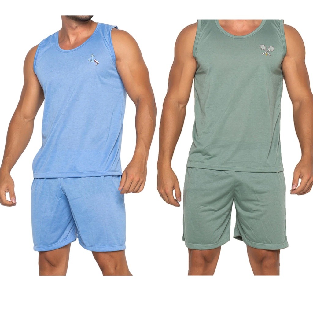 Kit 2 Pijamas Masculino Regata Short de Verão Conjunto em Malha Premium Confortavel verde azul cinza
