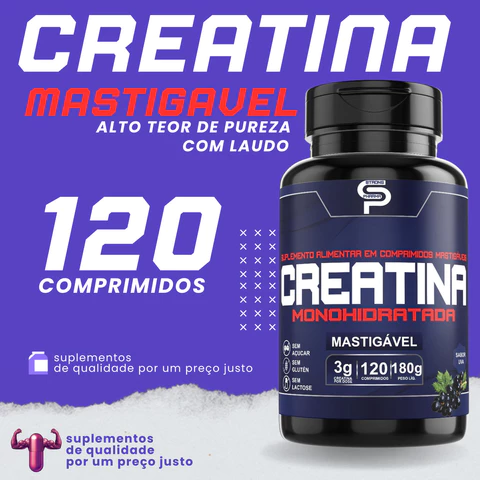 Creatina Com Laudo Pura Mastigável 120 Comprimidos Monohidratada Creapure Sabor Uva Tabletes