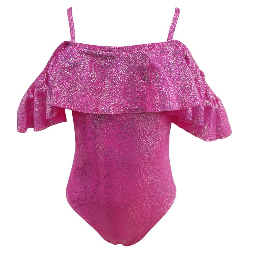 Maio Infantil Natação Rosa Glitter Com Babado Sereia Proteção Uv 50 Forro Duplo Body Juvenil Teen