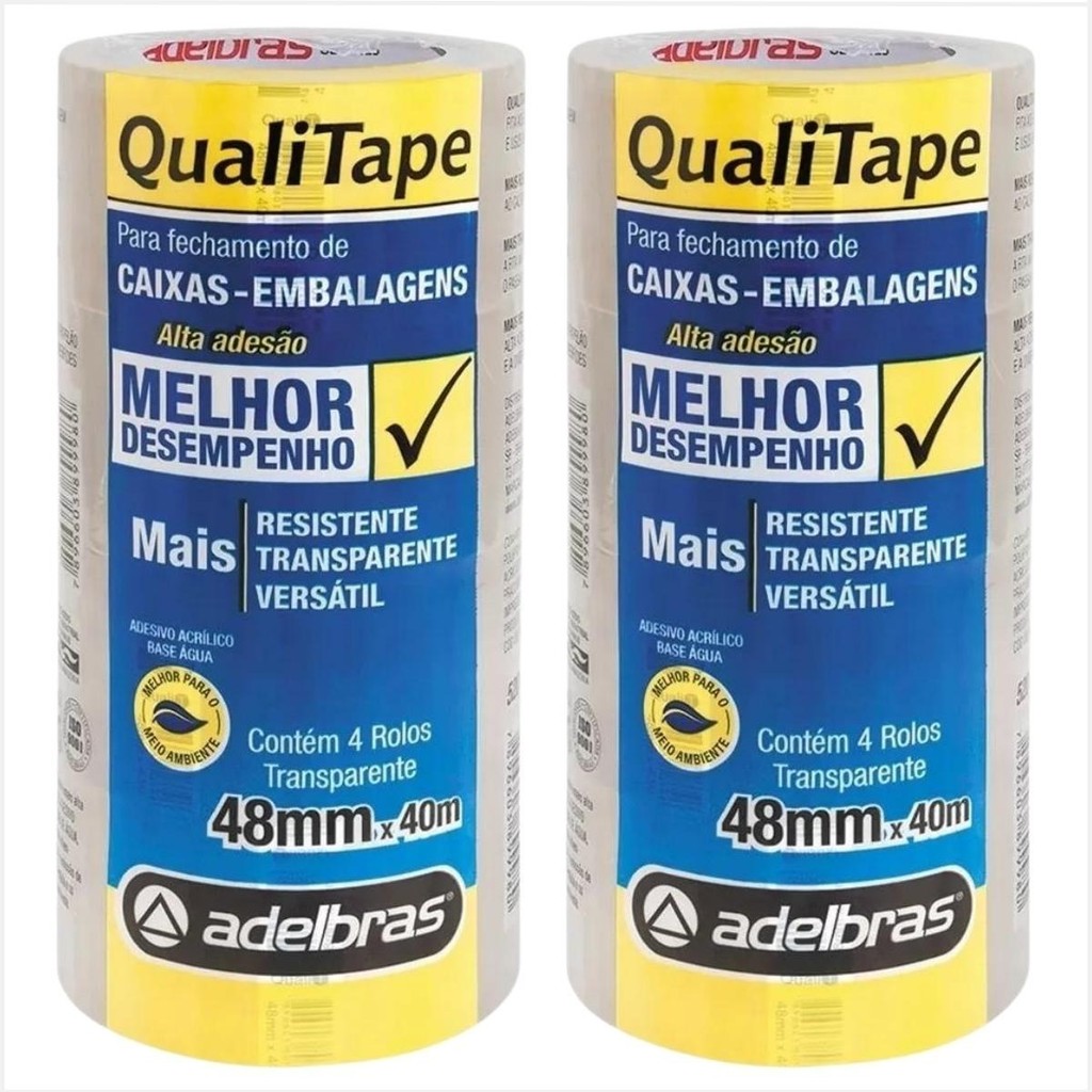 Kit 2 Pacotes Fita Adesiva Transparente 48mx40m QualiTape Adelbras Alta Aderência embalagem ecomerce