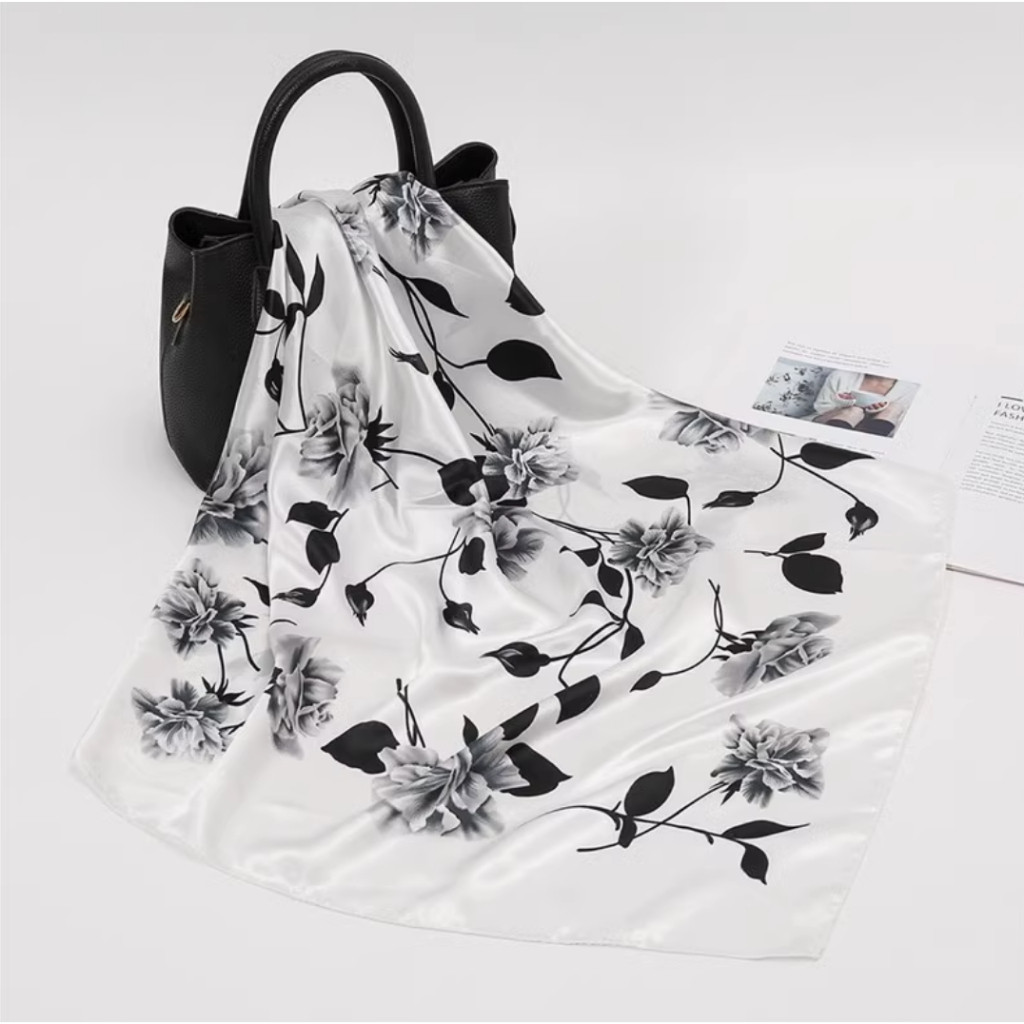 Lenços de Cetim Floridos, Multiuso 90x90cm Cropped, Bandana, Turbante, S193