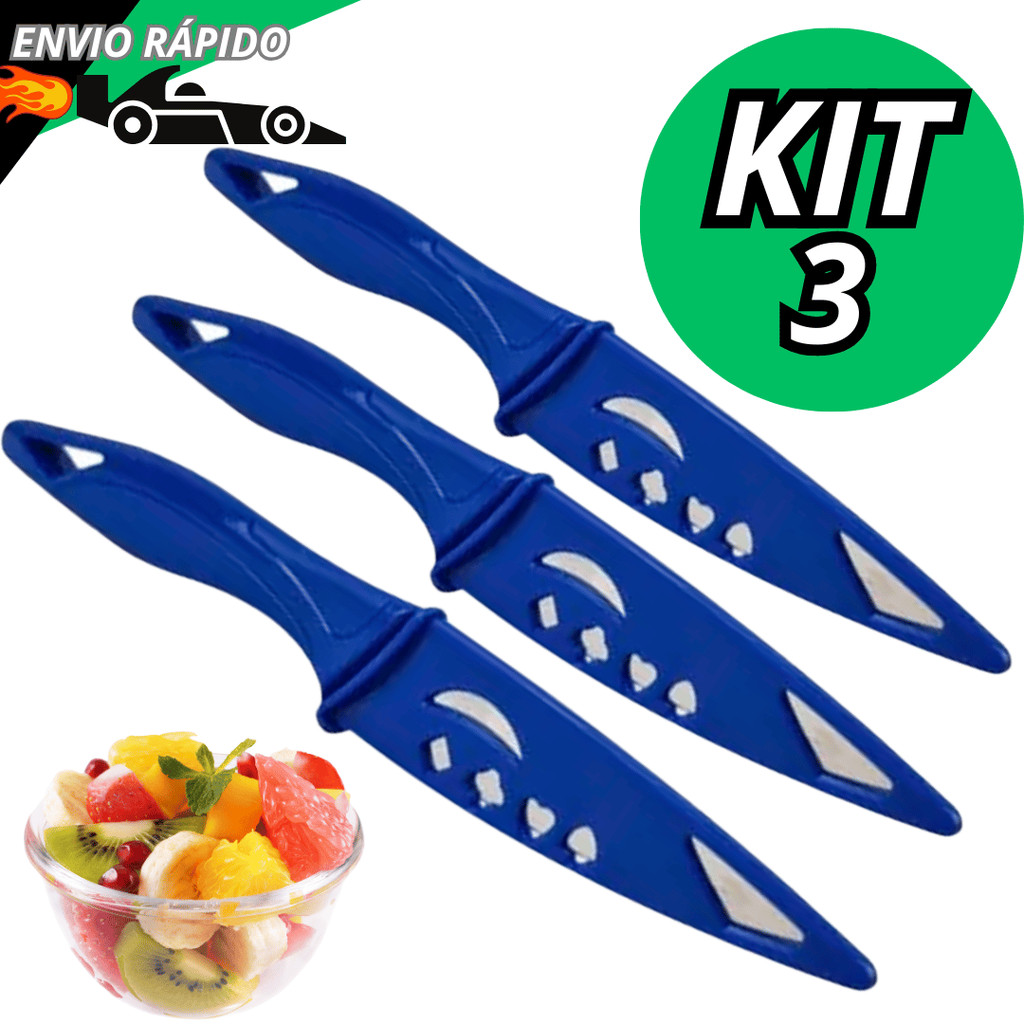 Jogo Com 3 Faca de Cozinha Aço Inox Colorida Com Capa Proteção Para Cortar Frutas Legumes Multiuso