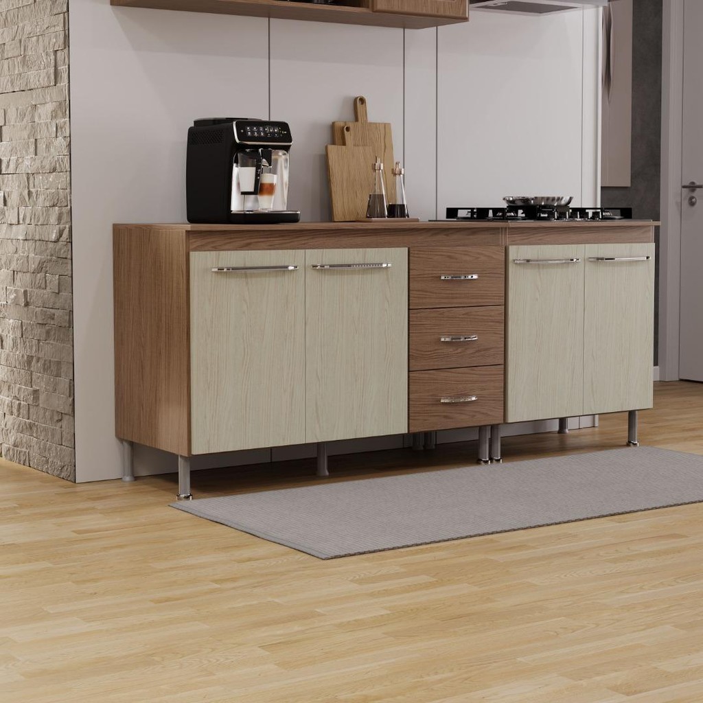 Kit 2 Balcões Modulados Gabinete Pia 120cm e Cooktop 70cm Com Tampo Paris Fidelitá Nogal/Salinas - Home & Living