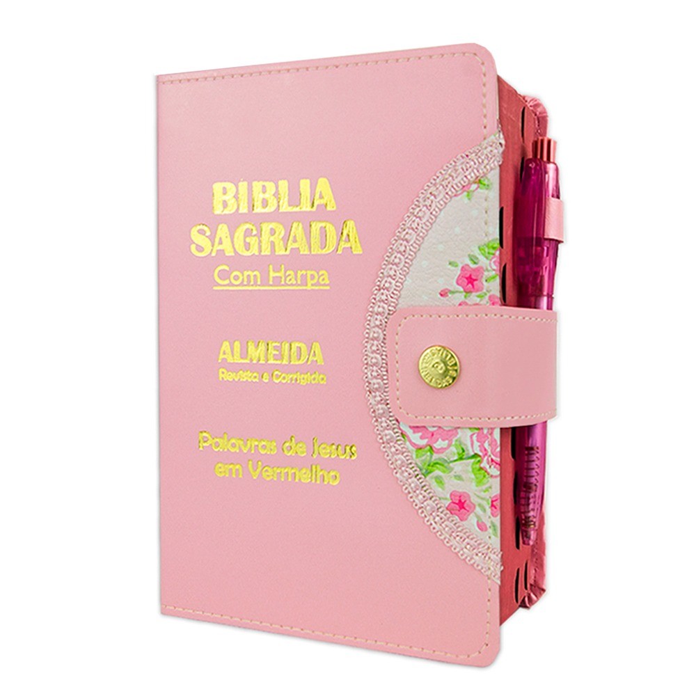 Bíblia Sagrada Letra Grande - Rosa - Botão e Caneta Revista e Corrigida - Com Harpa- em Oferta na Shopee