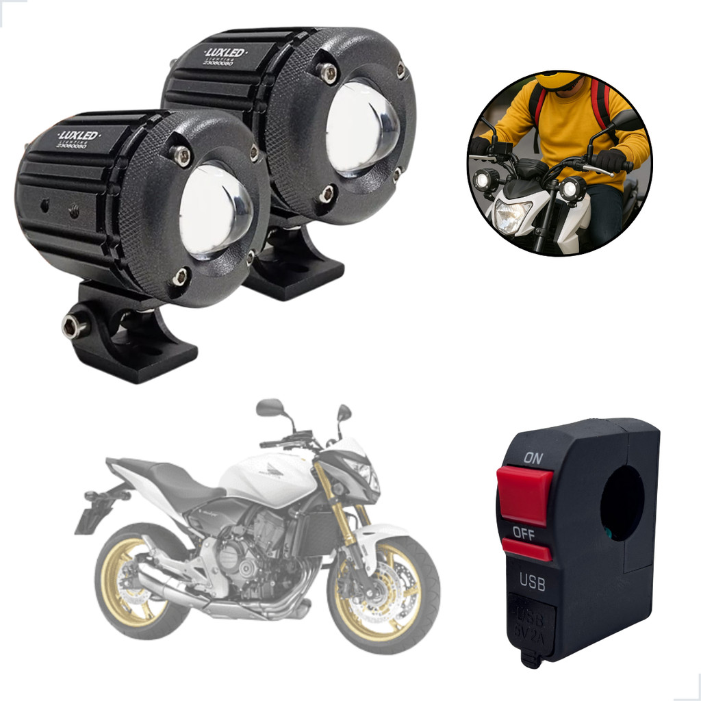 Kit Farol Milha Auxiliar Neblina Led 30w 12v + Botão On/ Off Usb Honda CB 600F Hornet 2005 até 2013