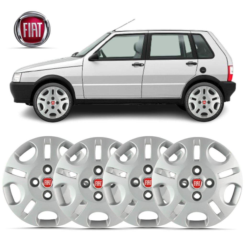 Kit 4 Calota Aro 13 Uno 2004 2005 2006 á 2013 Fire Mille Economy Prata Com Emblema em Oferta na Shopee