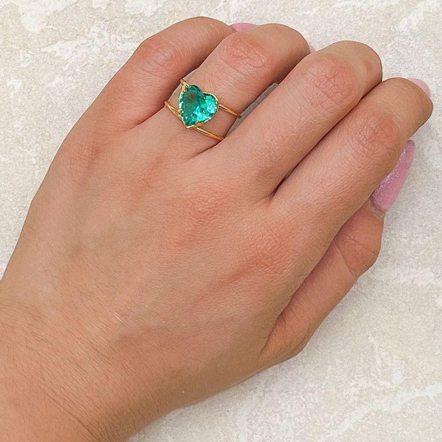 Anel Coração Verde Ajustável Banhado a Ouro 18k