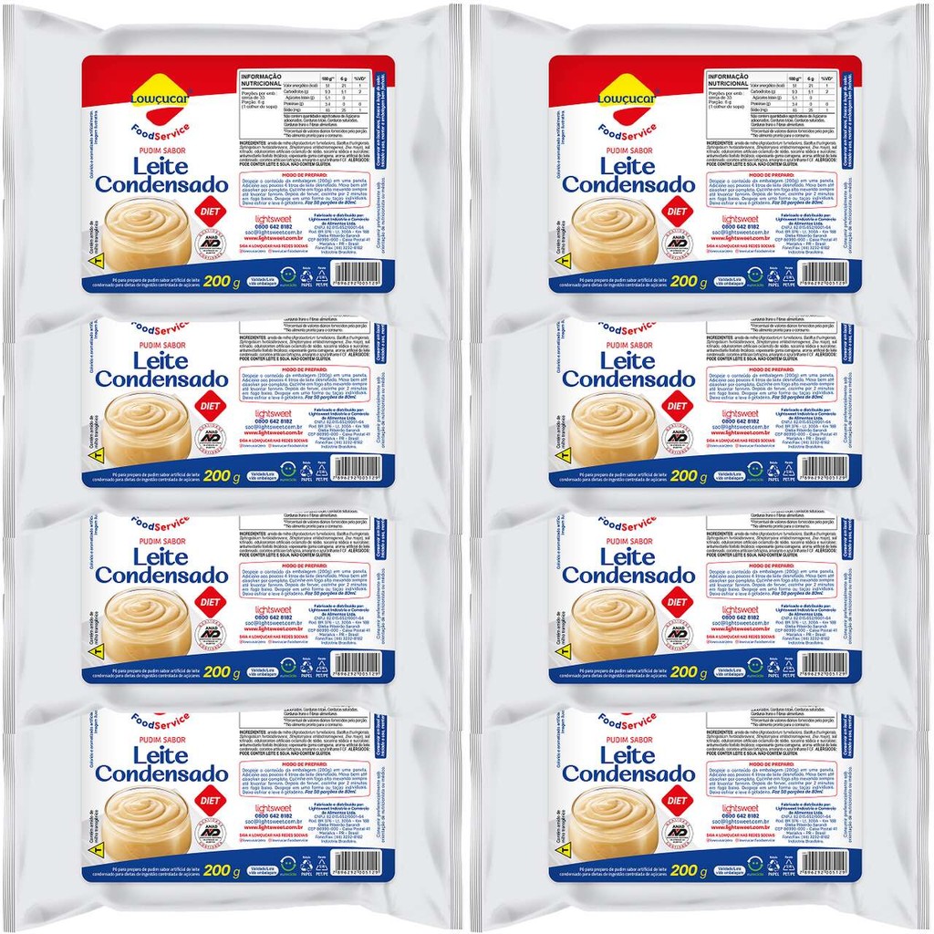 Kit 8 Unidades de Pudim Lowçucar Food Service, Zero Açúcares, Doces Diet Sabor Leite Condensado 200g