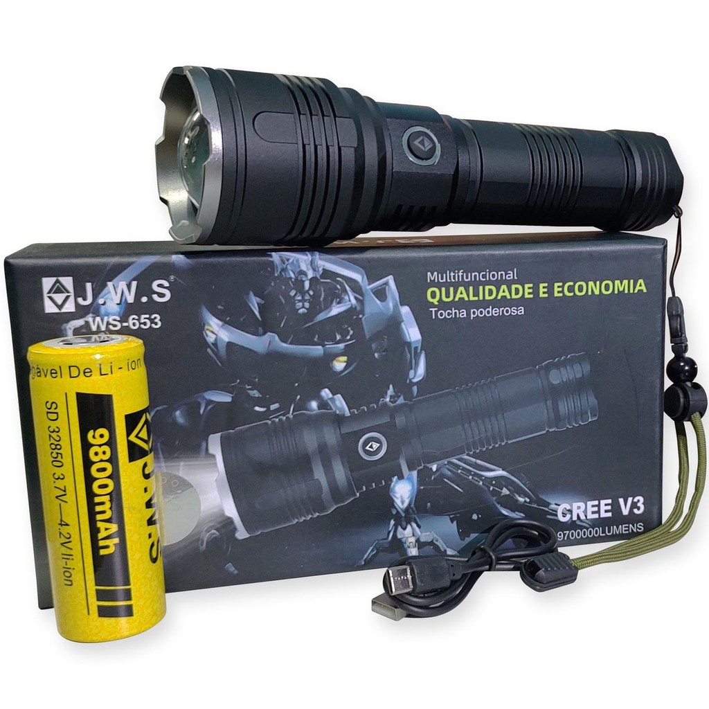 Lanterna Tática Led Cree V3 Longo Alcance 800Metros Jws Usb Zoom Bateria 32850 A MAIOR DO MERCADO maior tempo de duração