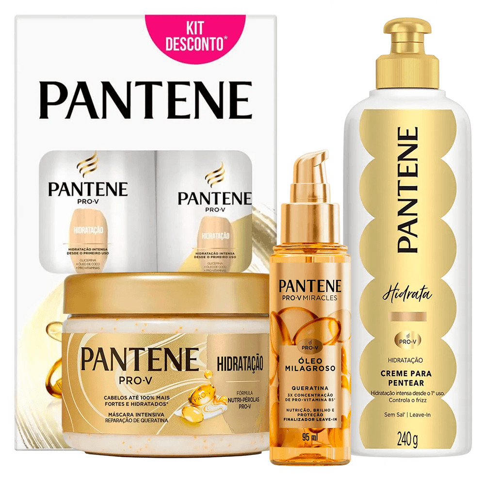 Kit Pantene Hidratação Shampoo + Condicionador + Creme De Pentear + Máscara Hidratação + Óleo Milagroso Queratina - Beauty