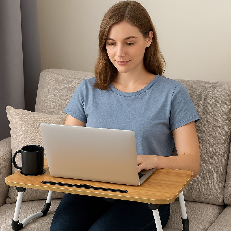 Mesa Portátil Dobrável Para Notebook Home Office Estudo Refeição Cama Com Porta Copo MDF