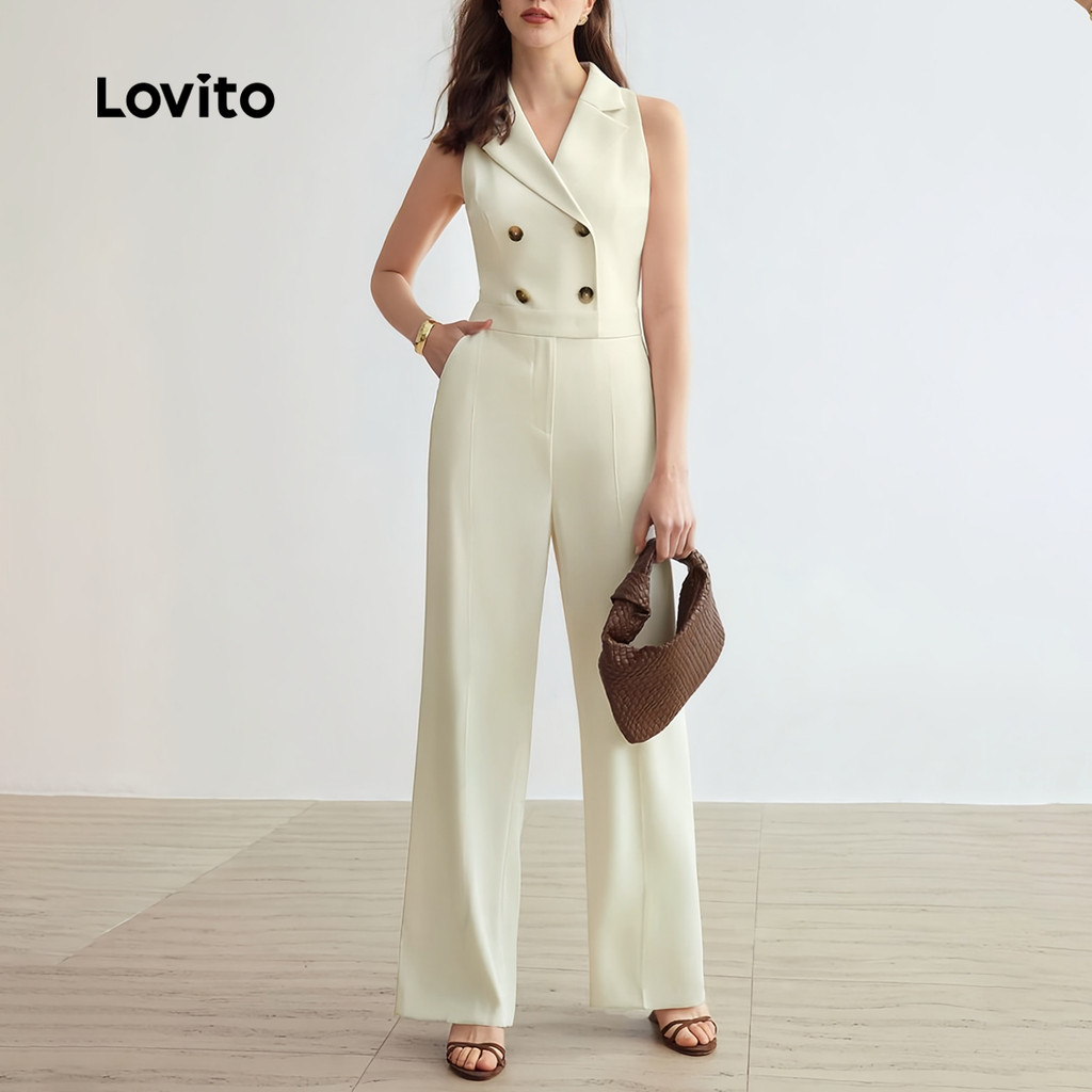 (Trendy) Lovito Macacão Elegante Com Bolso Liso E Botão Para Mulheres LBL24161 - Women Clothes
