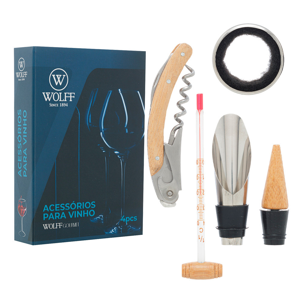 Kit para Vinho Abridor Conjunto 4 Peças Saca Rolha Dosador Corta Gotas Caixa Presente Wolff