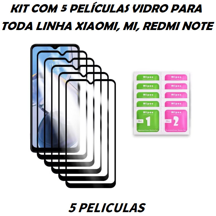 Kit com 5 peliculas vidro para para TODA LINHA XIAOMI Redmi Note 10s Poco M7  X6 X7 PRO 13 12 PRO 14 12C 14C NOTE 11/11S em Oferta na Shopee