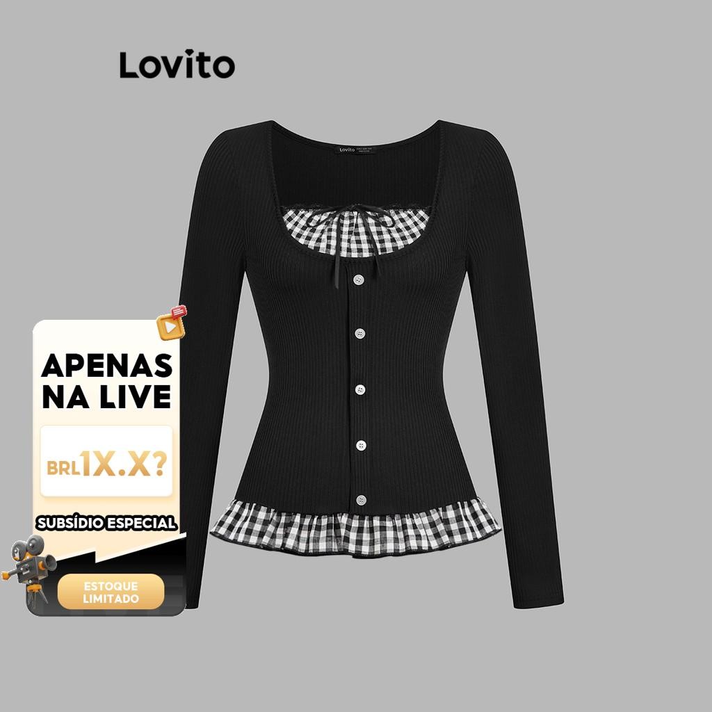 (Live Hosts' pick) Lovito Camiseta Fofa De Tecido Xadrez Com Costura E Botão Frontal Colorblock Para Mulheres L106AD938 - Women Clothes