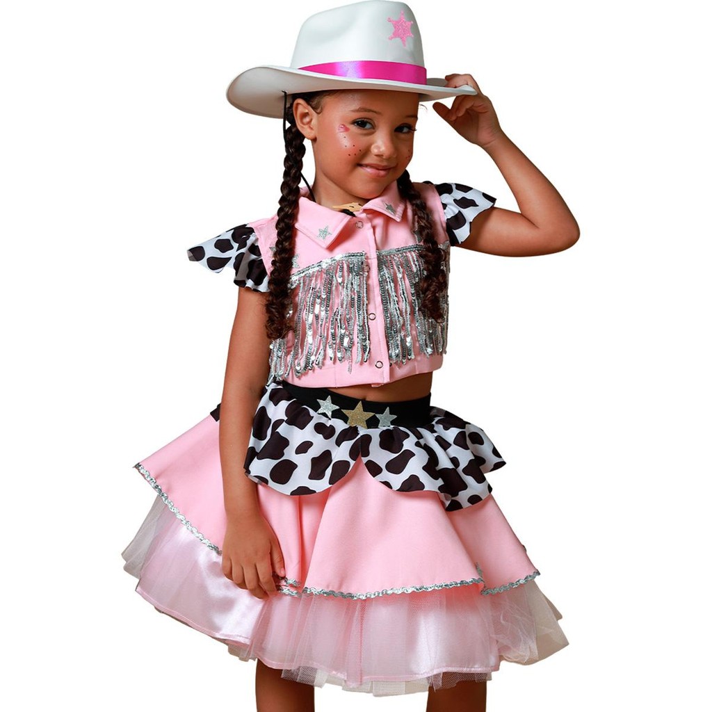 Fantasia Cowgirl Infantil pra Menina Roupa Country Rosa