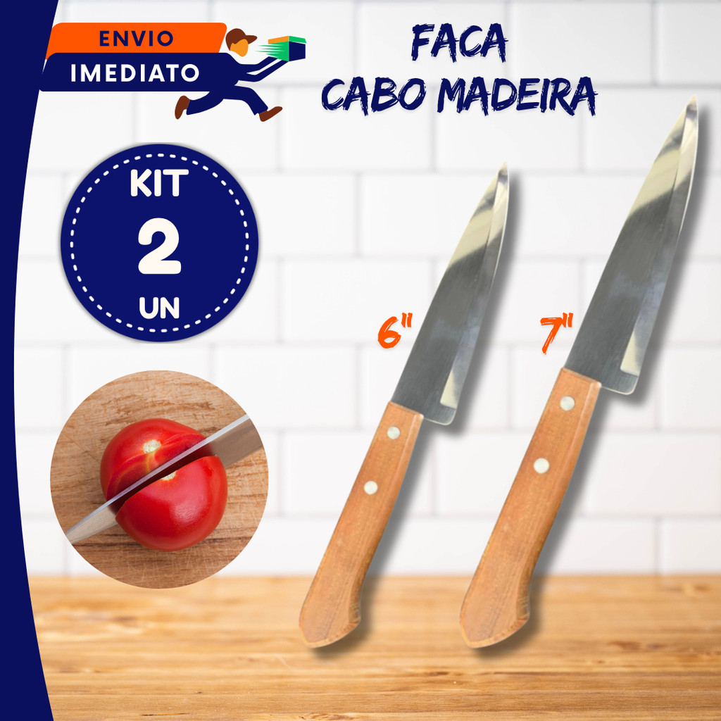 OFERTA Kit Jogo 2 Un Faca de Cozinha Aço Inox Profissional Cabo em Madeira Carnes Churrasco Legumes