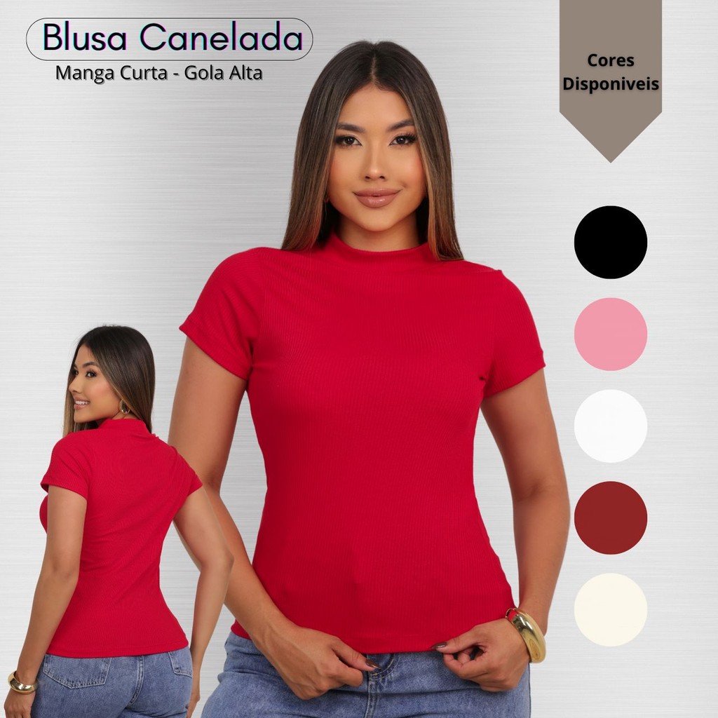 Blusa Feminina Canelada Premium Manga Curta Gola Alta Elegante Slim Básica Estilosa Trabalho Básica Sofisticada