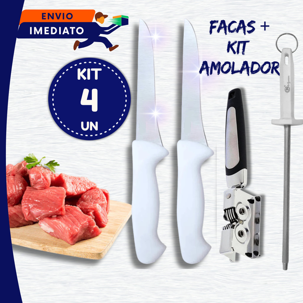 JOGO 04 un Faca 26,8 cm 6" Linha Top Amolador E Chaira Chef Profissional Restaurantes Açougues Utilidades Inox Premium