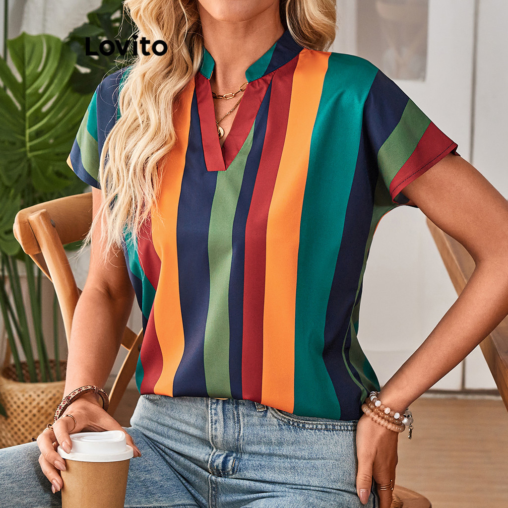 (Trendy) Lovito Blusa Casual listrada com estampa para mulheres  LBL19830 - Women Clothes