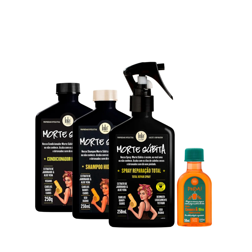 Kit Lola Morte Súbita Sh 250ml + Cond 250ml + Spray 250ml + Pinga! Óleo Cenoura e Oliva 50ml