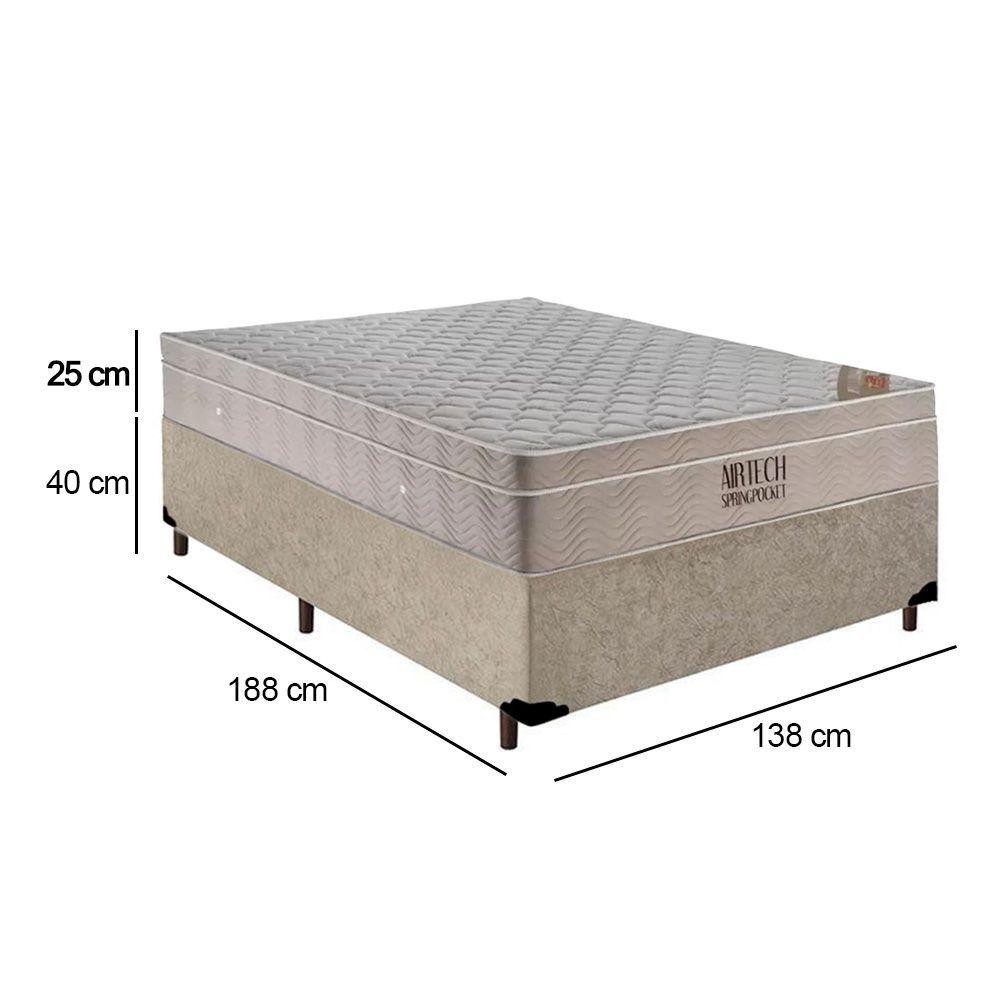 Detalhes do Cama Box Casal Suede + Colchão Ortobom Airtech Molas Ensacadas 138x188x65 Bege